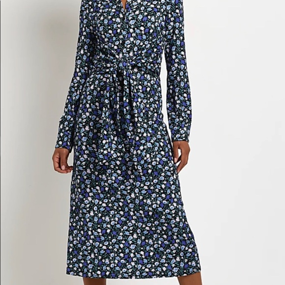 NWT River Island Navy/Multi Color Floral Midi Shirt Dress - Picture 3 of 15